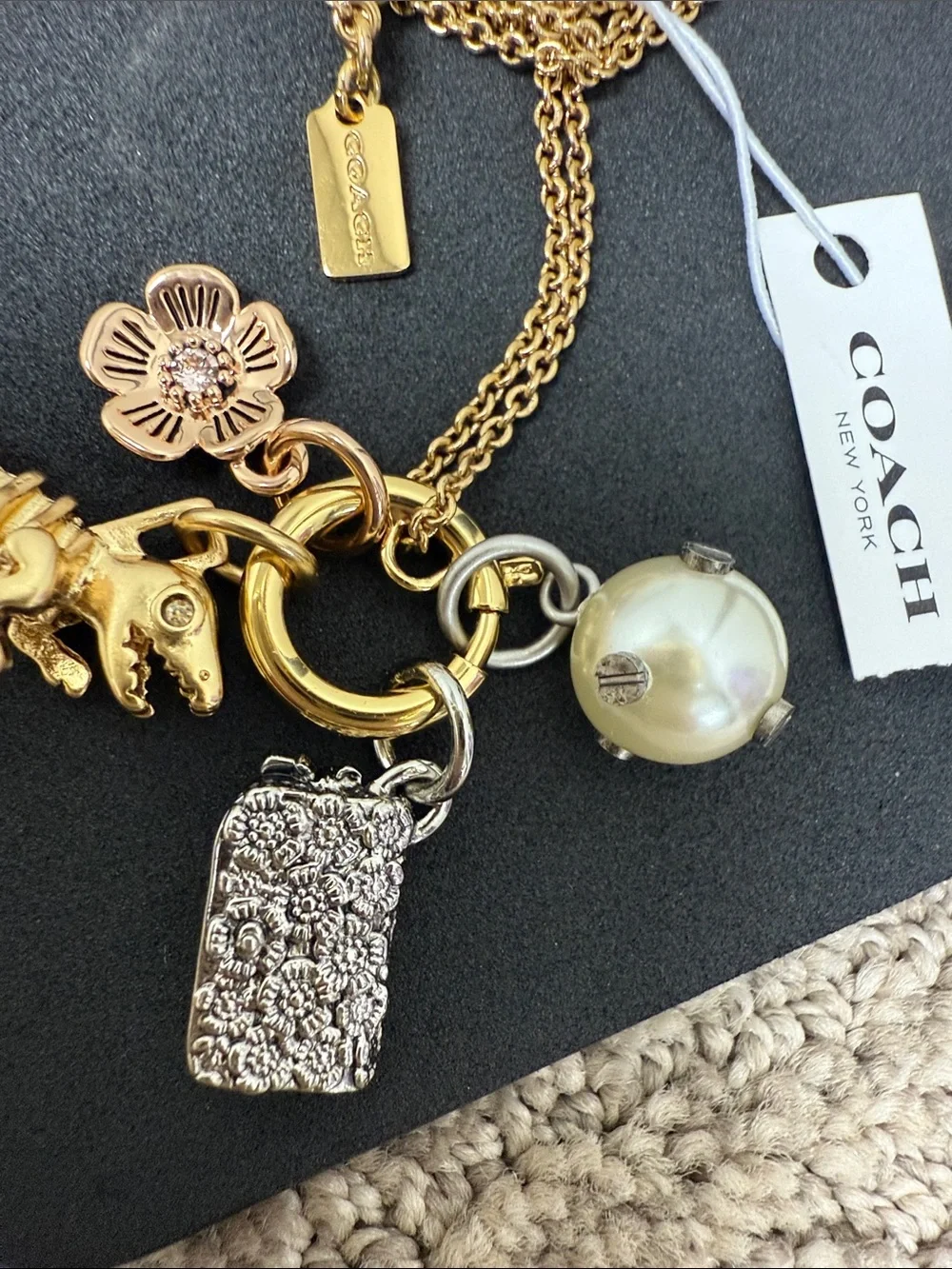 Rare COACH Rexy Gold-Tone Multi-Charm Necklace with Rexy, Pearl & Floral Charms